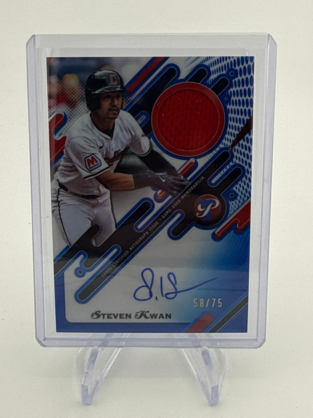 Steven Kwan 2025 Topps Pristine Auto Relic Blue, 58/75