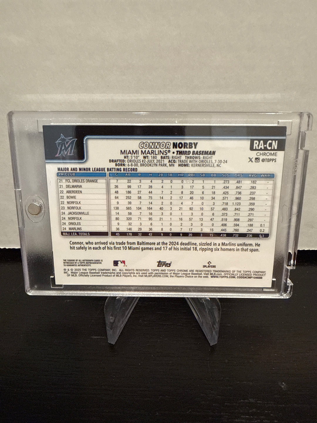 Connor Norby 2025 Topps Chrome Gold Wave Rookie Auto, 01/50