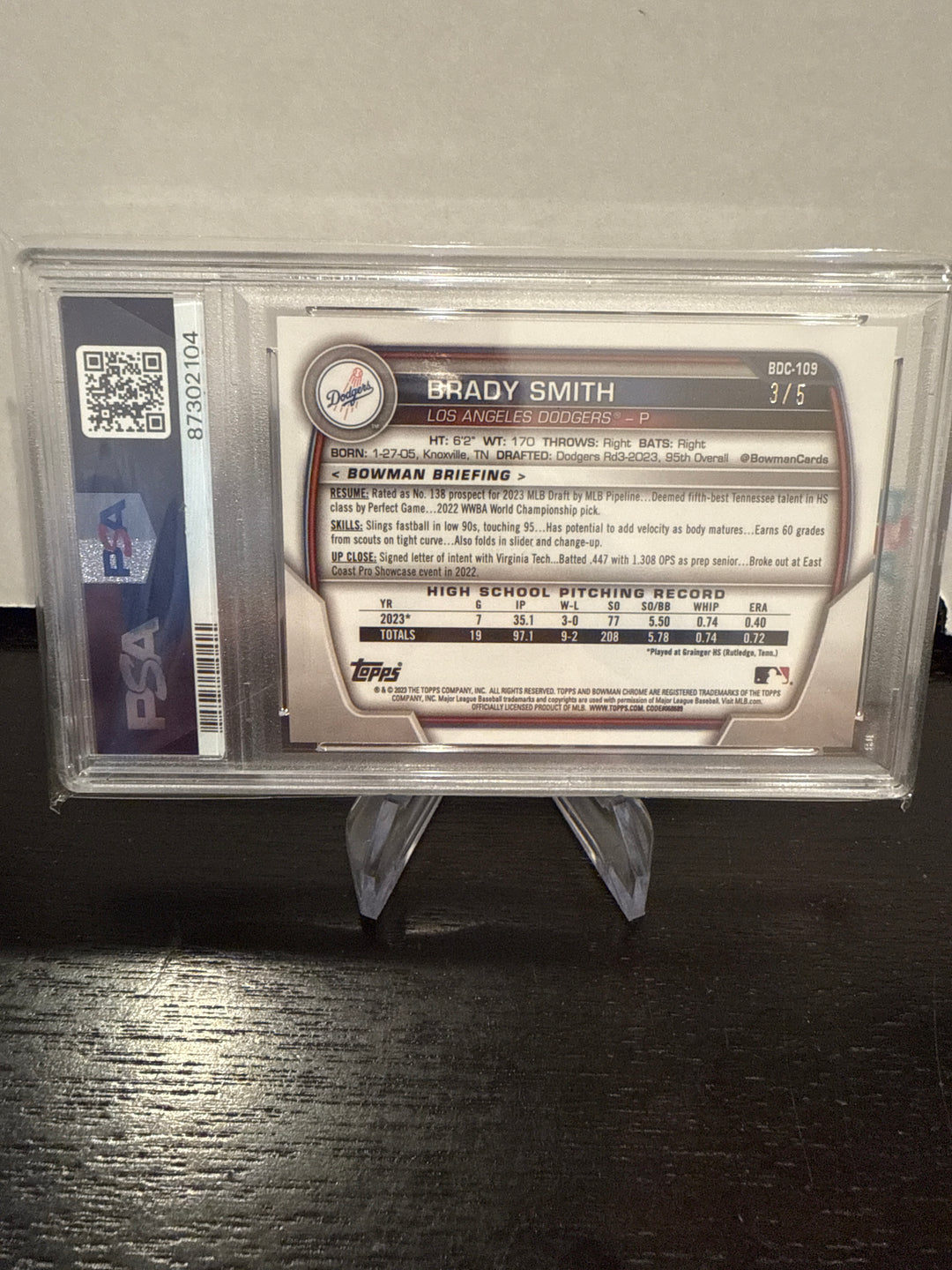 Brady Smith 2023 Bowman Chrome Sapphire 1st, Red, 3/5, PSA 8