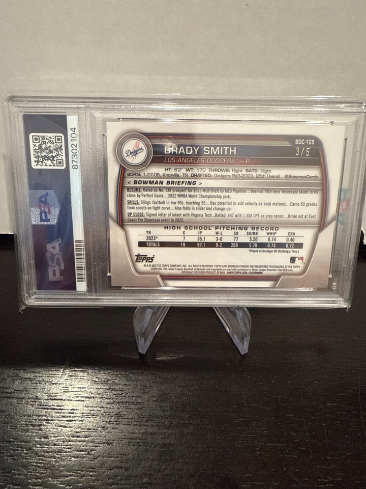 Brady Smith 2023 Bowman Chrome Sapphire 1st, Red, 3/5, PSA 8
