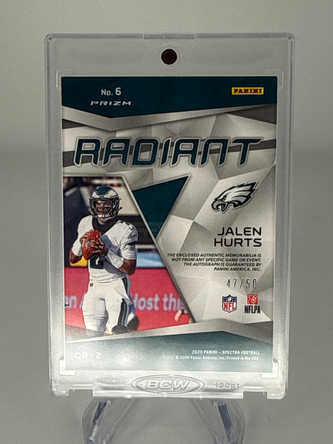 Jalen Hurts 2020 Panini Spectra Radiant Rookie Patch Auto Neon Blue Disco, 47/50