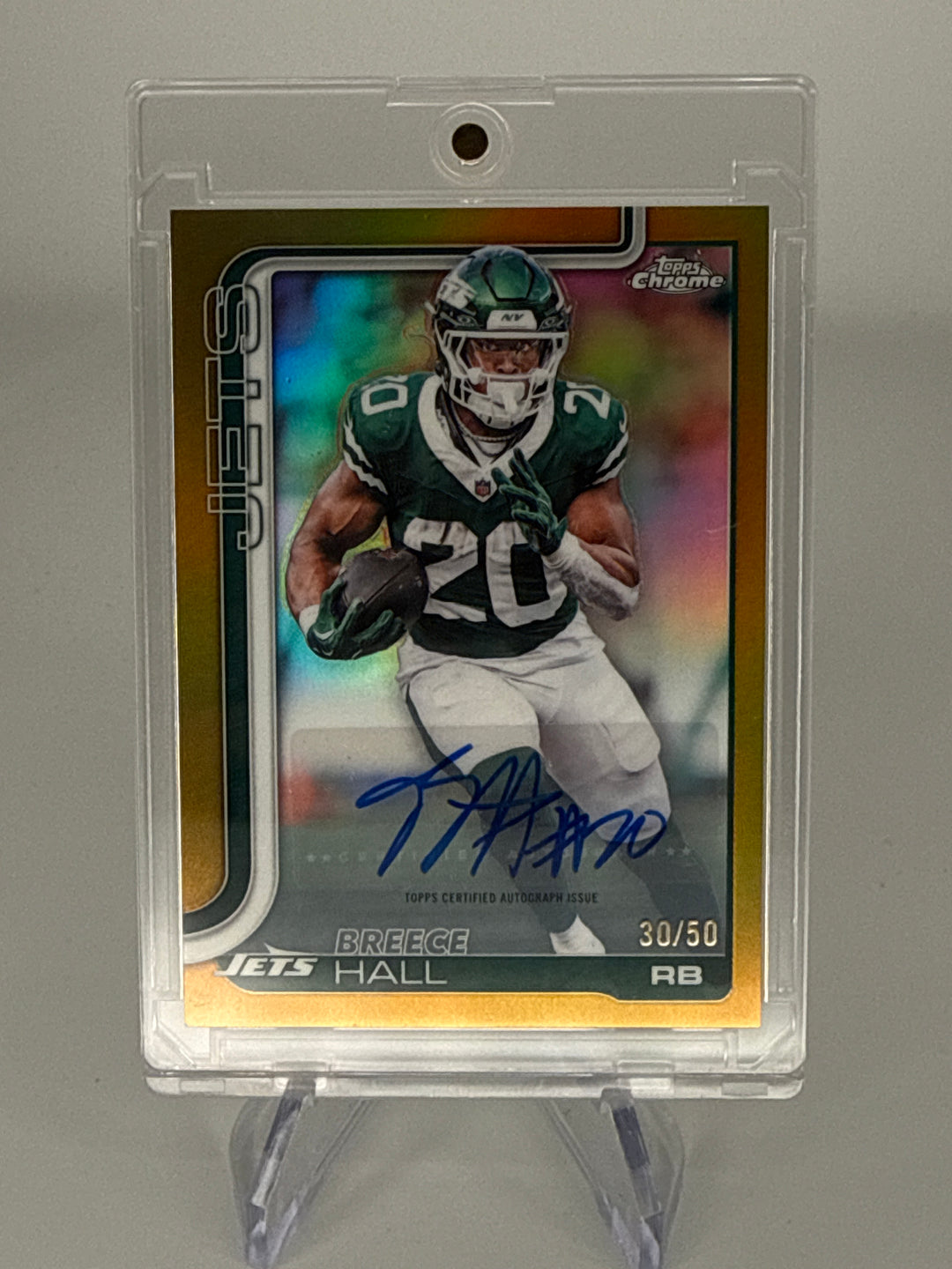 Breece Hall 2025 Topps Chrome Gold Refractor Auto, 30/50