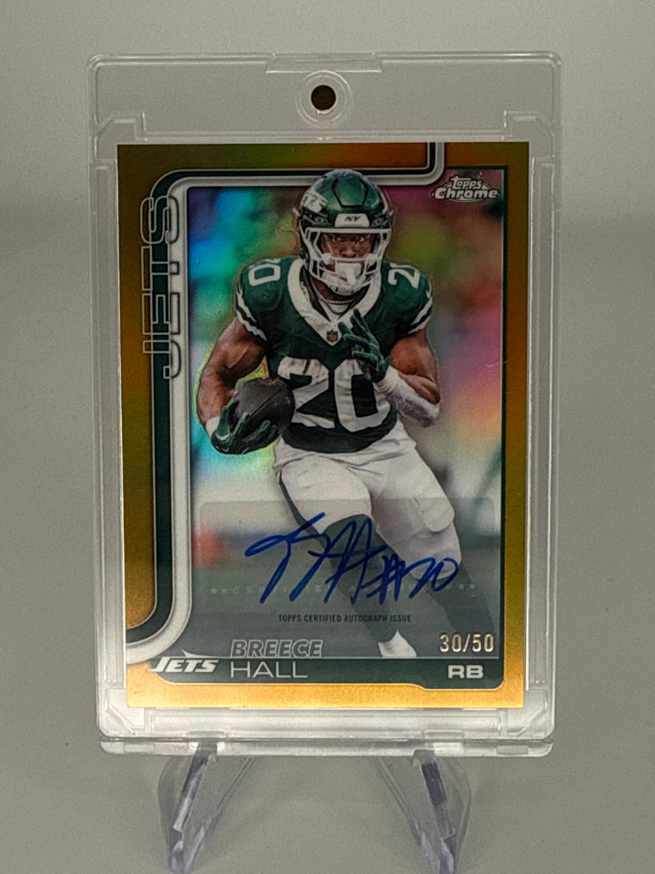 Breece Hall 2025 Topps Chrome Gold Refractor Auto, 30/50