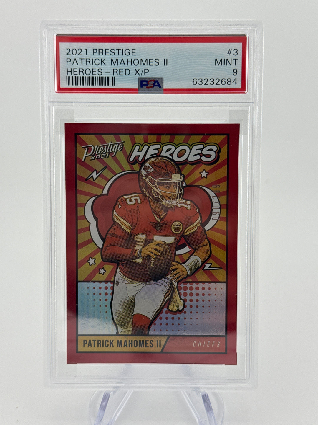Patrick Mahomes 2021 Panini Prestige Heroes Red, 090/299, PSA 9 Mint