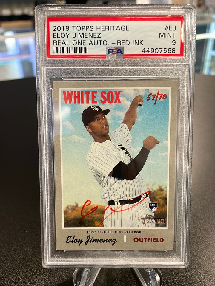 Eloy Jimenez 2019 Topps Heritage Real One Auto, Red Ink, 57/70, PSA 9 Mint