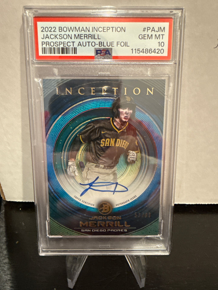 Jackson Merrill 2022 Bowman Inception Prospect Auto, Blue Foil, 53/99, PSA 10 Gem Mint