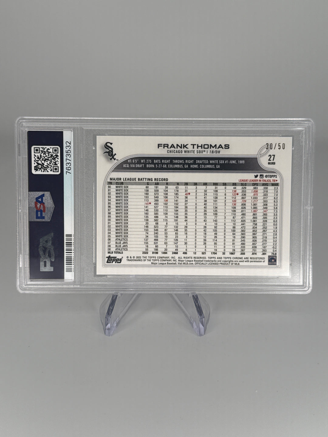 Frank Thomas 2022 Topps Gilded Collection Mini Diamond Gold Etch, 30/50, PSA 10 Gem Mint