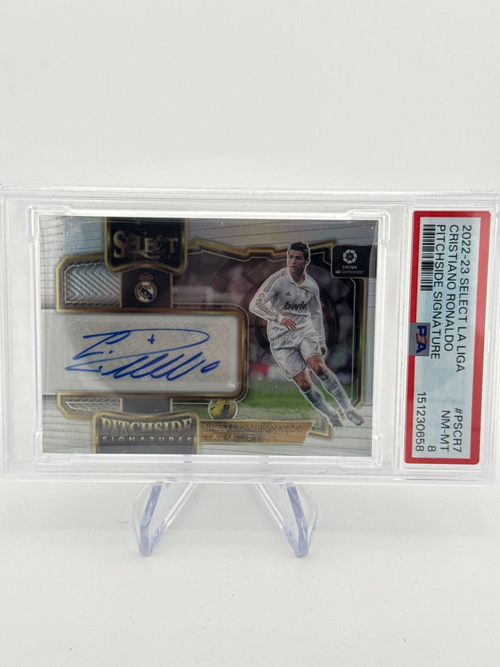 Cristiano Ronaldo 2022-2023 Panini Select La Liga Pitchside Silver Auto, PSA 8