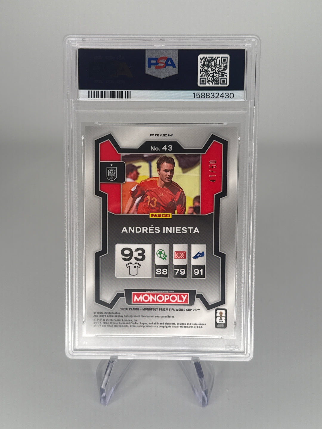Andres Iniesta 2026 Panini Prizm Monopoly World Cup Purple Big Money Shimmer, 41/50, PSA 10 Gem Mint