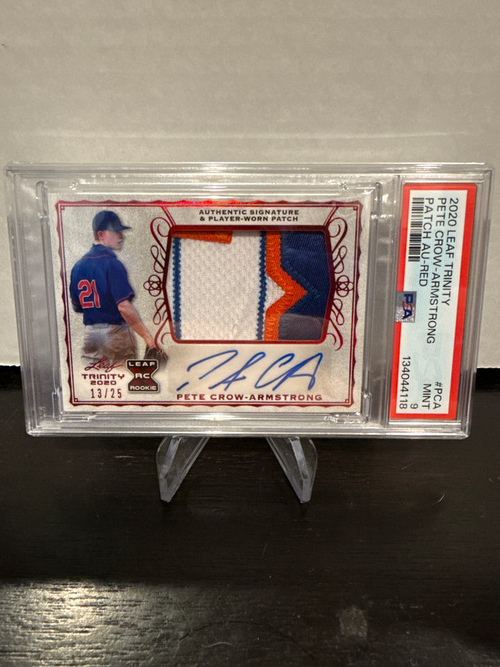 Pete Crow-Armstrong 2020 Leaf Trinity Rookie Patch Auto Red, 13/25, PSA 9 Mint