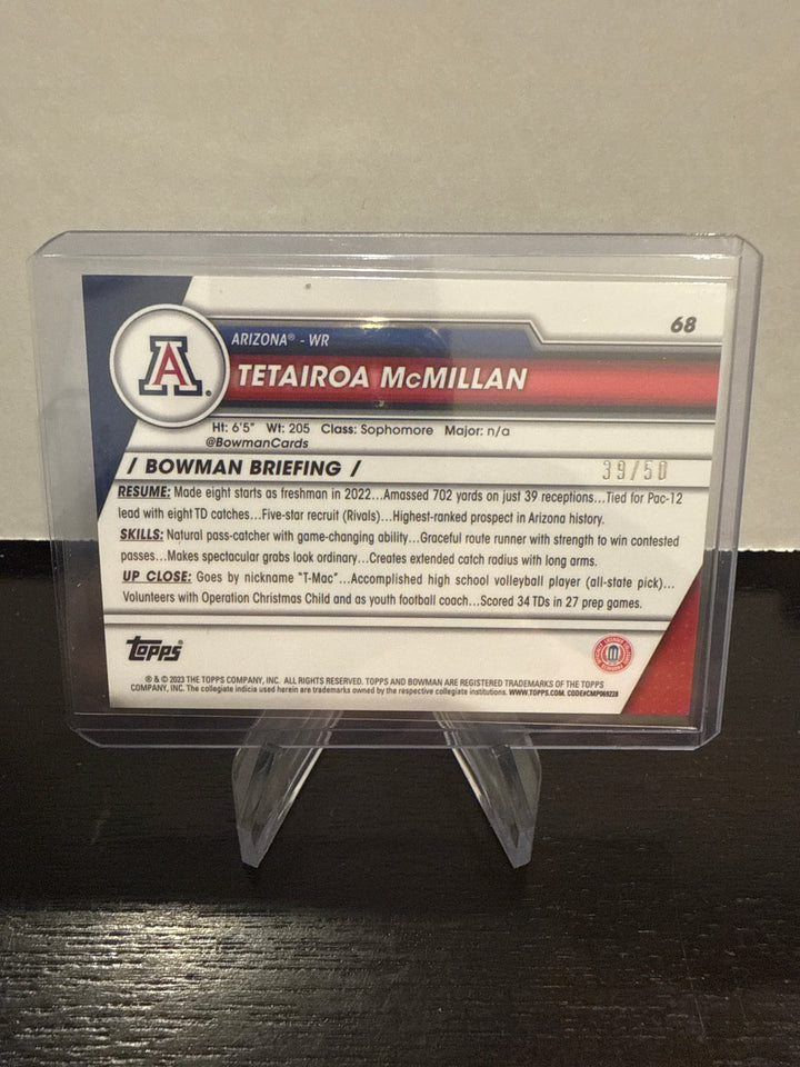 Tetairoa McMillan 2023 Bowman Chrome University, 1st Gold Ice Refractor, 39/50
