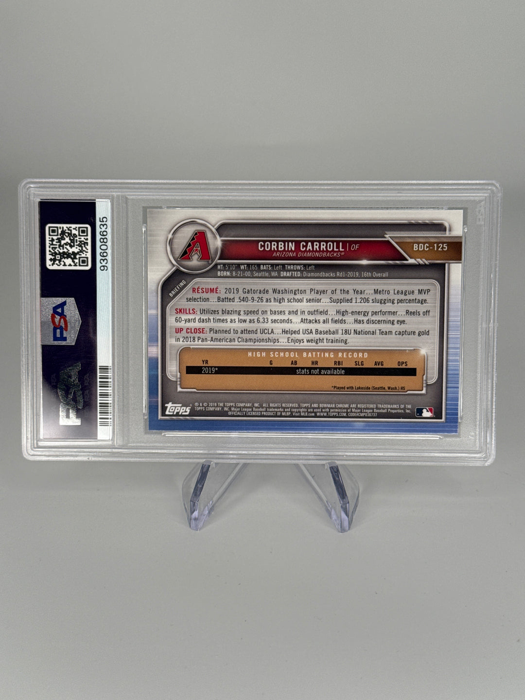 Corbin Carroll 2019 Bowman Draft Sapphire 1st, PSA 9 Mint