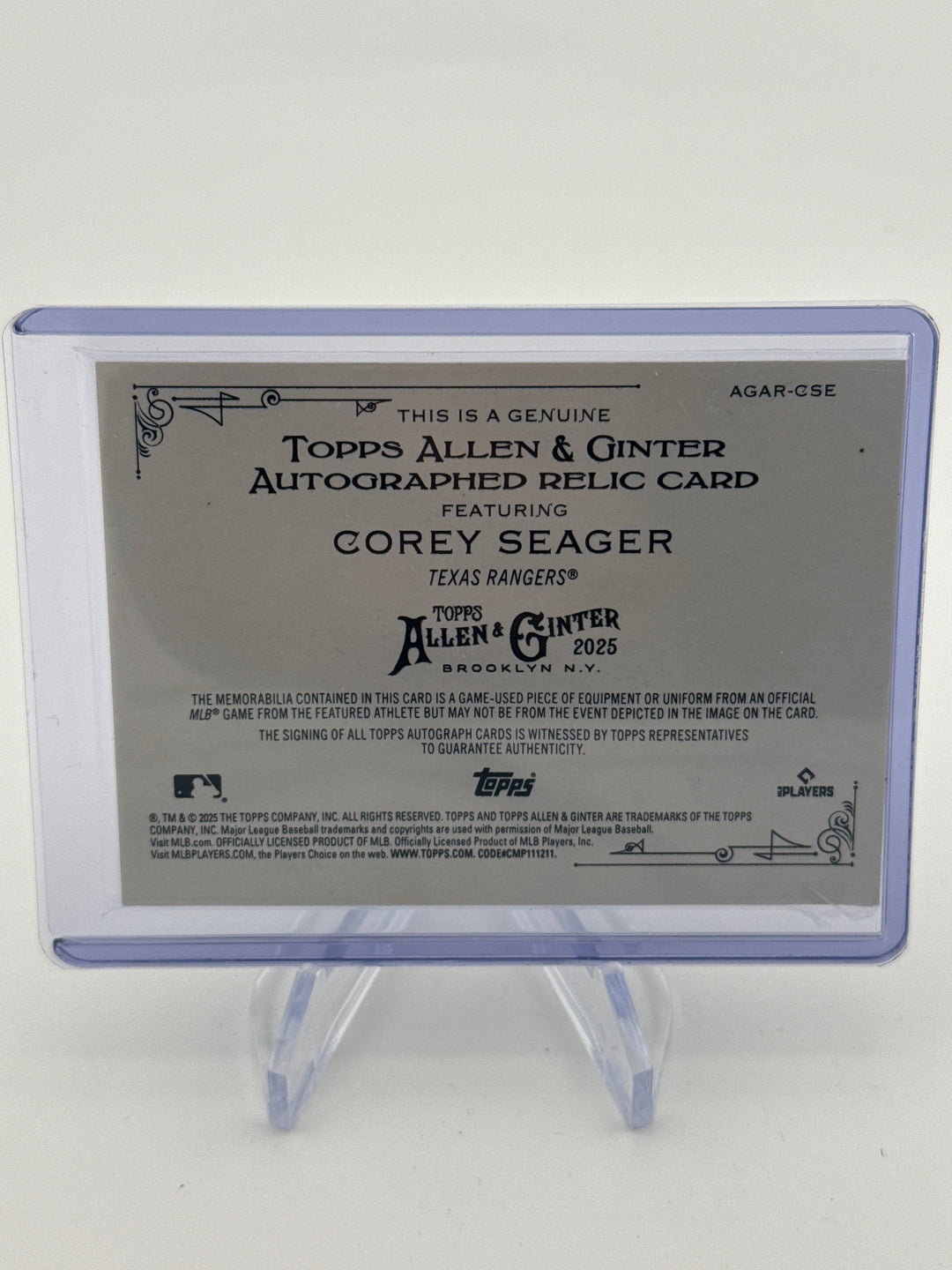Corey Seager 2025 Topps Allen & Ginter Auto Relic, 05/10