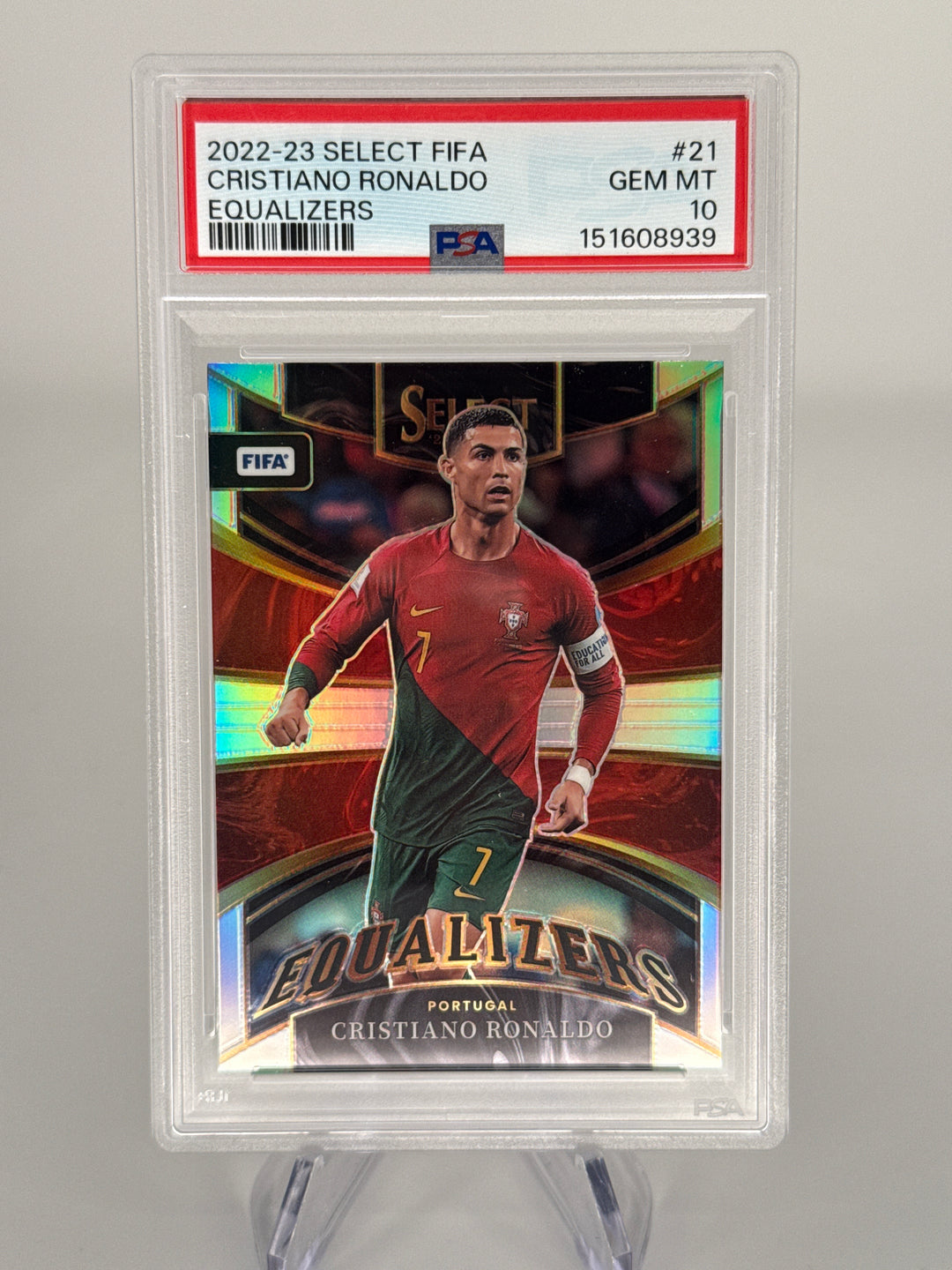 Cristiano Ronaldo 2022-2023 Panini Select Equalizers Silver Prizm, PSA 10 Gem Mint