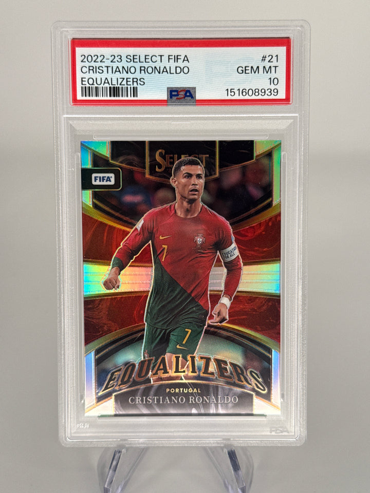 Cristiano Ronaldo 2022-2023 Panini Select Equalizers Silver Prizm, PSA 10 Gem Mint