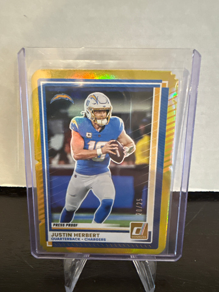 Justin Herbert 2025 Panini Donruss Press Proof Gold Die Cut, 20/25
