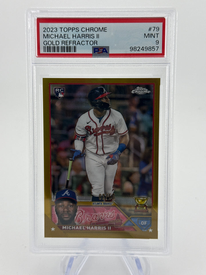 Michael Harris 2023 Topps Chrome Gold Refractor Rookie, 02/50, PSA 9 Mint