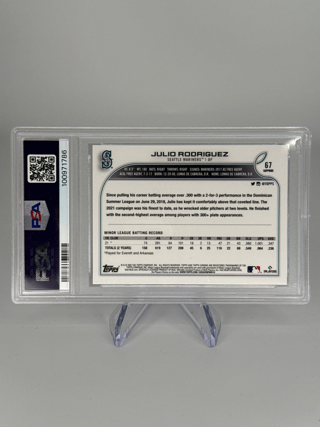 Julio Rodriguez 2022 Topps Chrome Sapphire Rookie, PSA 9 Mint