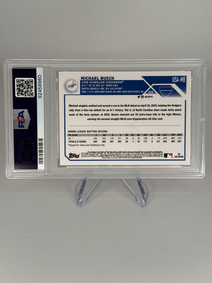 Michael Busch 2023 Topps Chrome Sapphire Update Rookie Auto Green, 58/99, PSA 10 Gem Mint