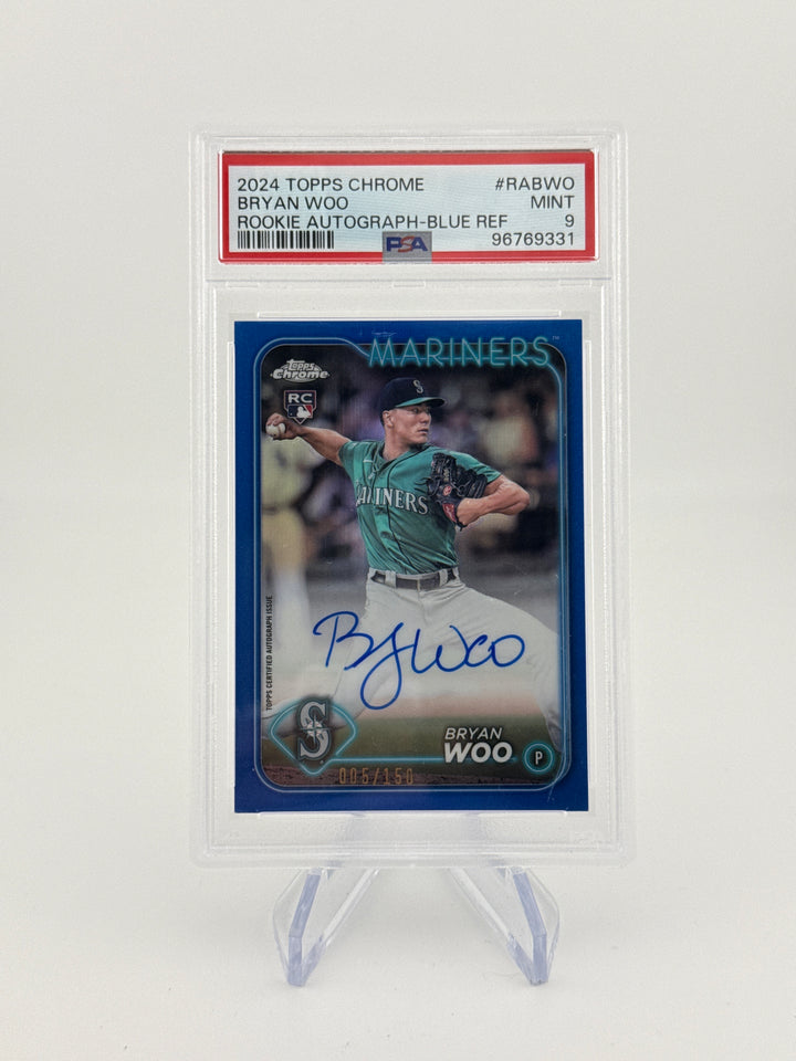 Bryan Woo 2024 Topps Chrome Rookie Auto Blue Refractor, 005/150, PSA 9 Mint