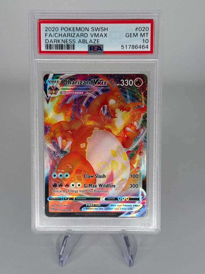 Pokemon TCG 2020 Charizard VMax Darkness Ablaze Full Art Holo, 020/189, PSA 10 Gem Mint