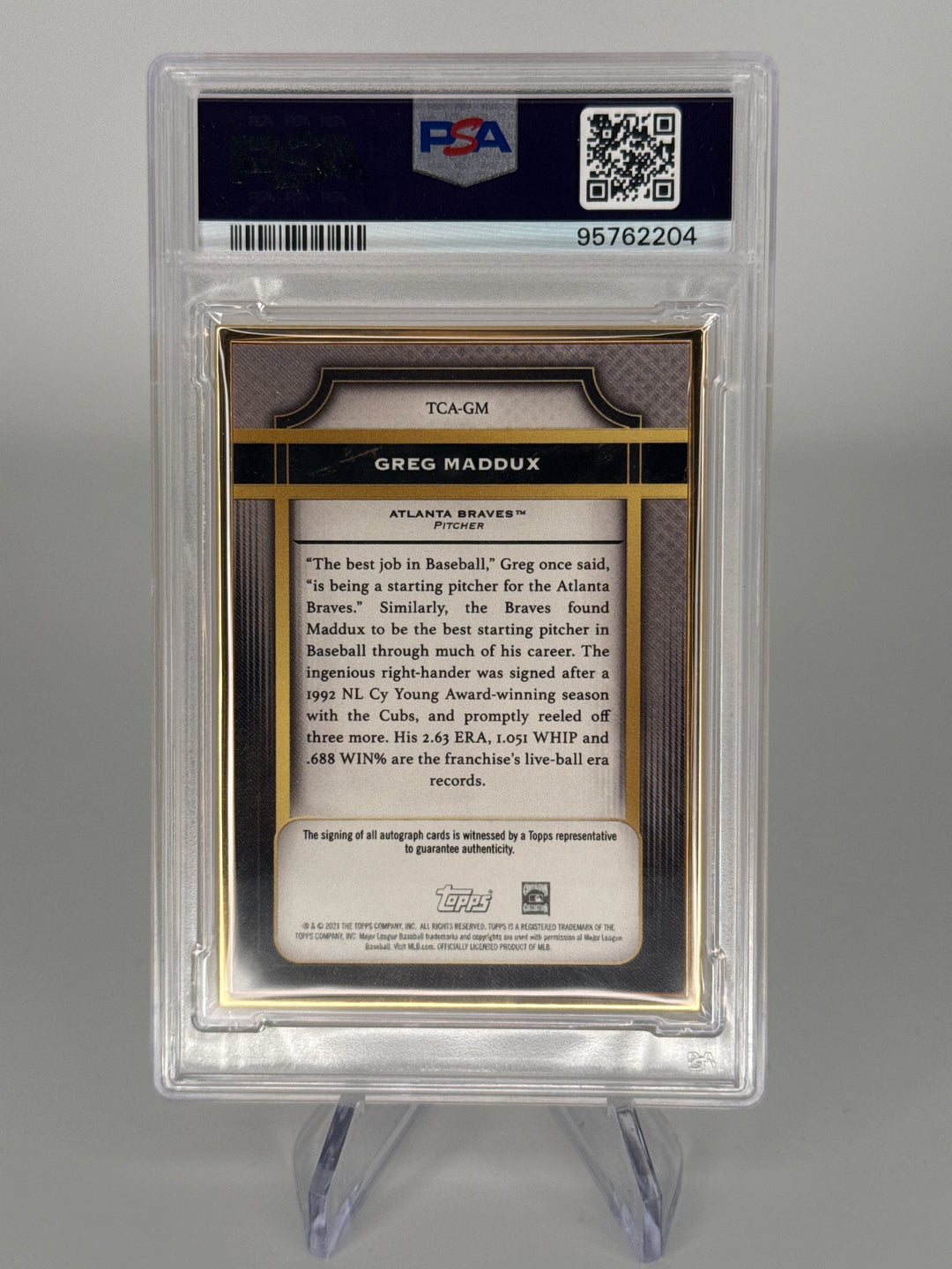 Greg Maddux 2021 Topps Transcendent Gold Frame Auto, 11/20, PSA 10 Gem Mint