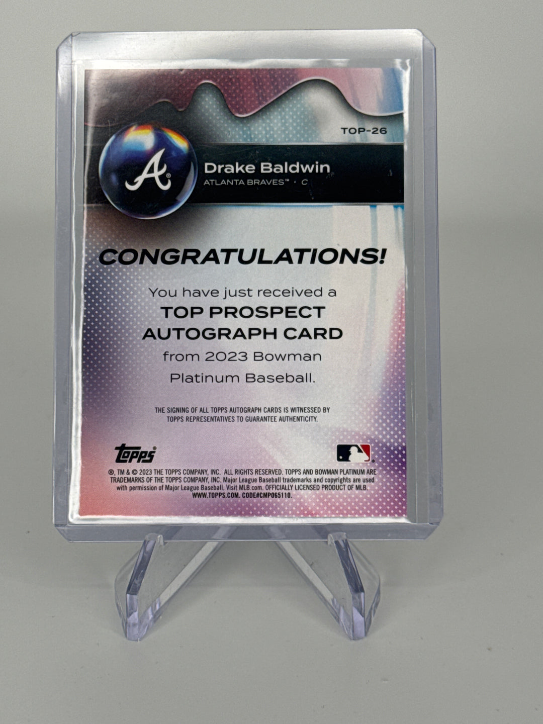 Drake Baldwin 2023 Topps Bowman Platinum Top Prospects Auto, Card Number TOP-26