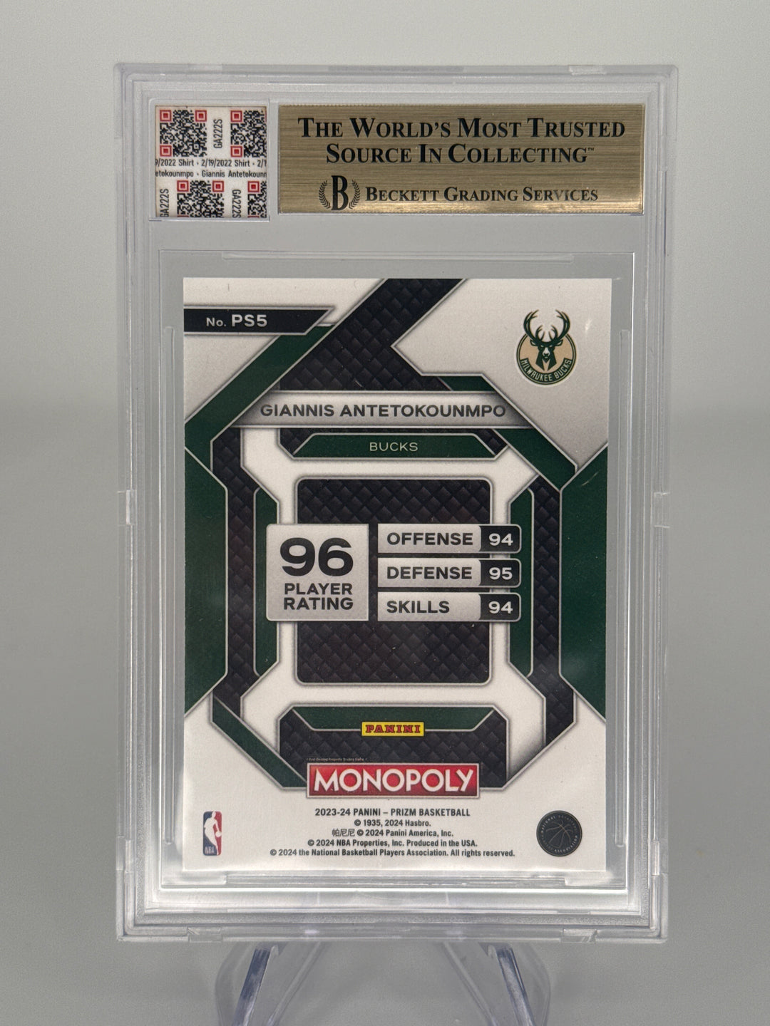 Giannis Antetokounmpo 2024 Jersey Fusion Game Used Jersey Swatch, BGS 9.5 Gem Mint