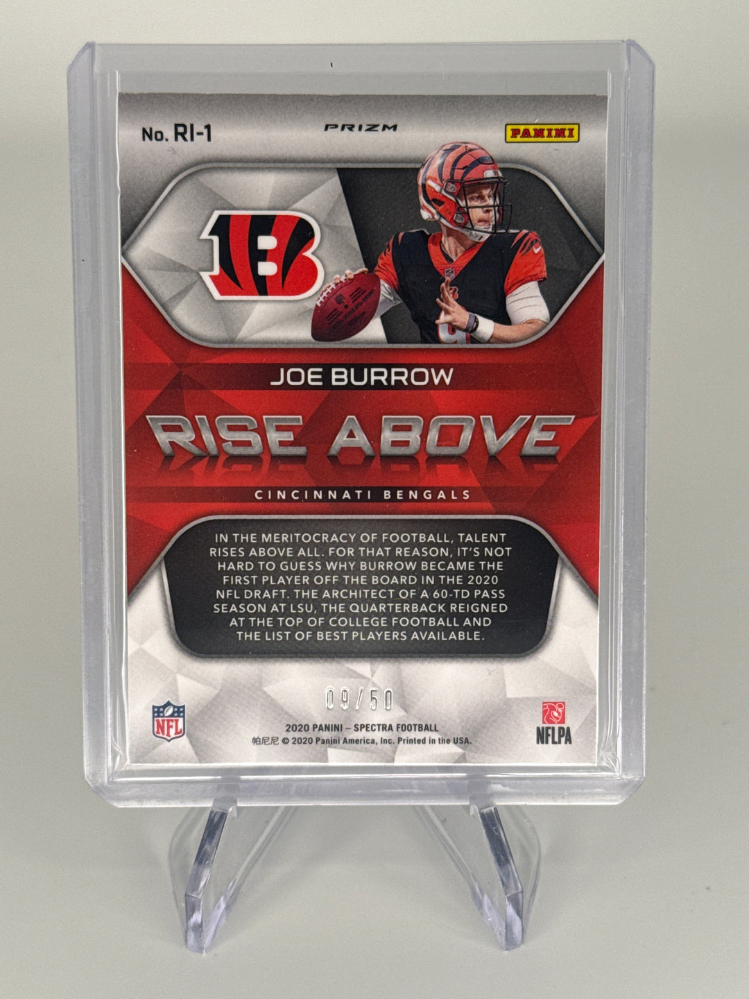Joe Burrow 2020 Panini Spectra Rise Above Neon Blue Rookie, 09/50