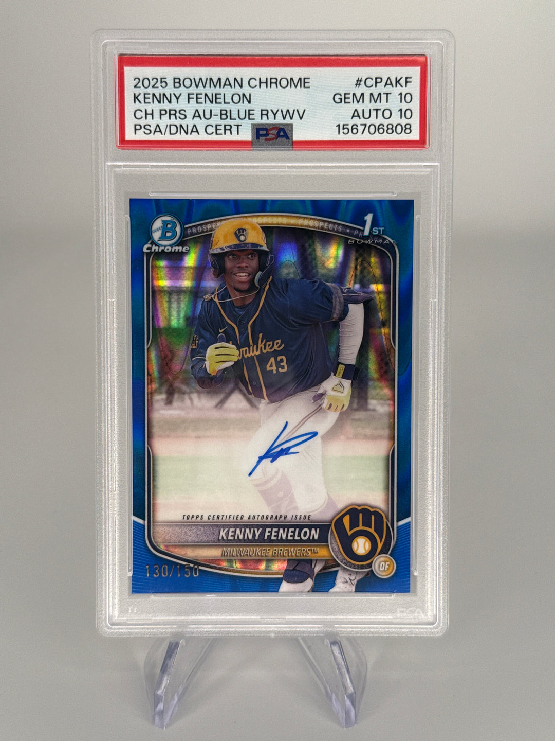 Kenny Fenelon 2025 Bowman Chrome Blue Raywave Refractor 1st Auto, 130/150, PSA 10 Gem Mint, PSA 10 Auto