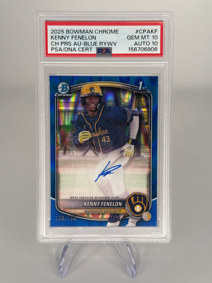 Kenny Fenelon 2025 Bowman Chrome Blue Raywave Refractor 1st Auto, 130/150, PSA 10 Gem Mint, PSA 10 Auto