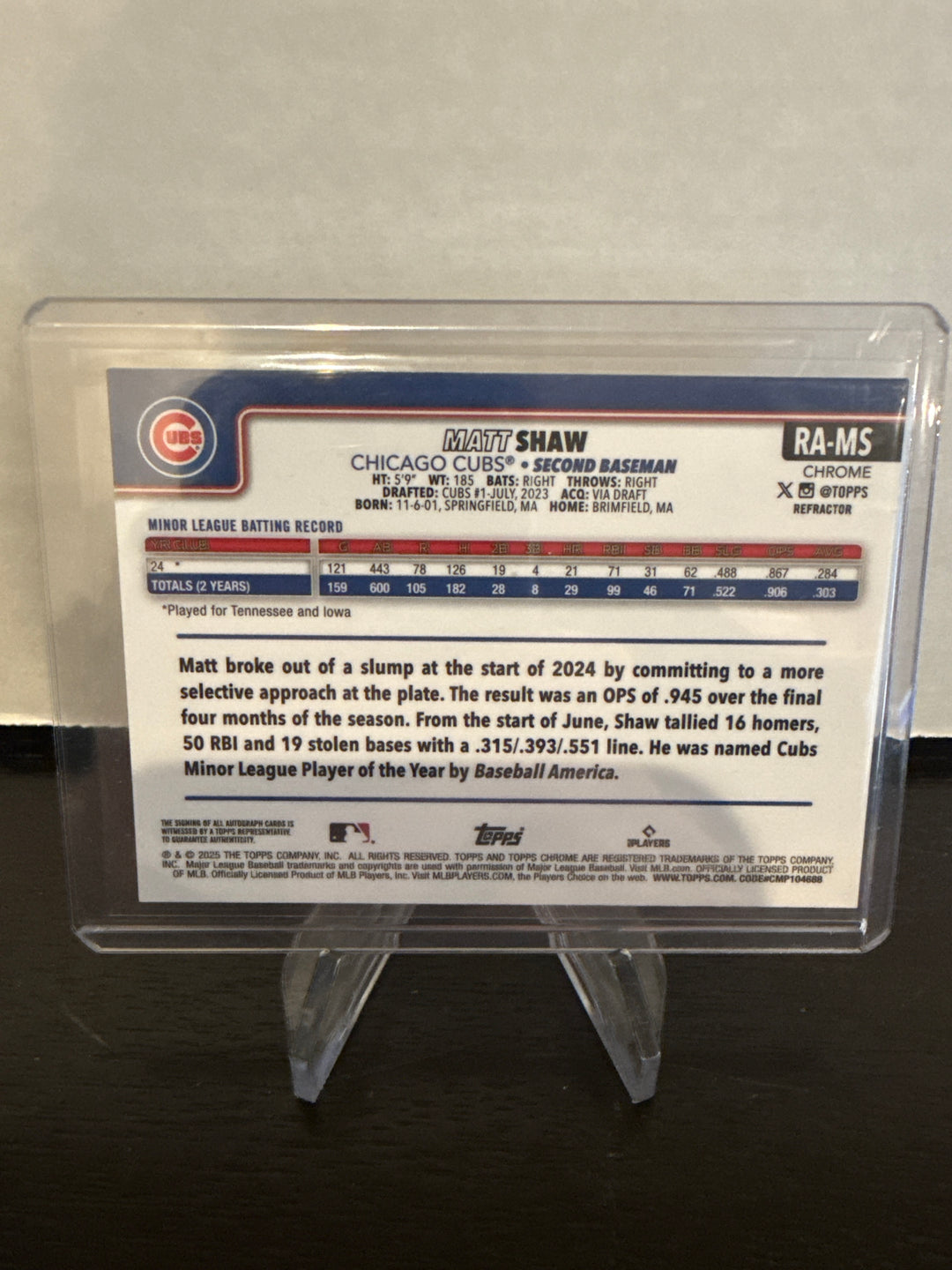 Matt Shaw 2025 Topps Chrome Rookie Auto Refractor, 014/499