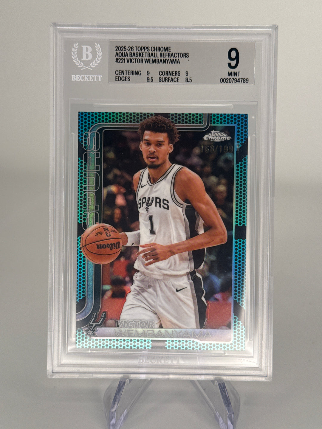 Victor Wembanyama 2025 Topps Chrome Aqua Basketball Refractor, 168/199, BGS 9 Mint