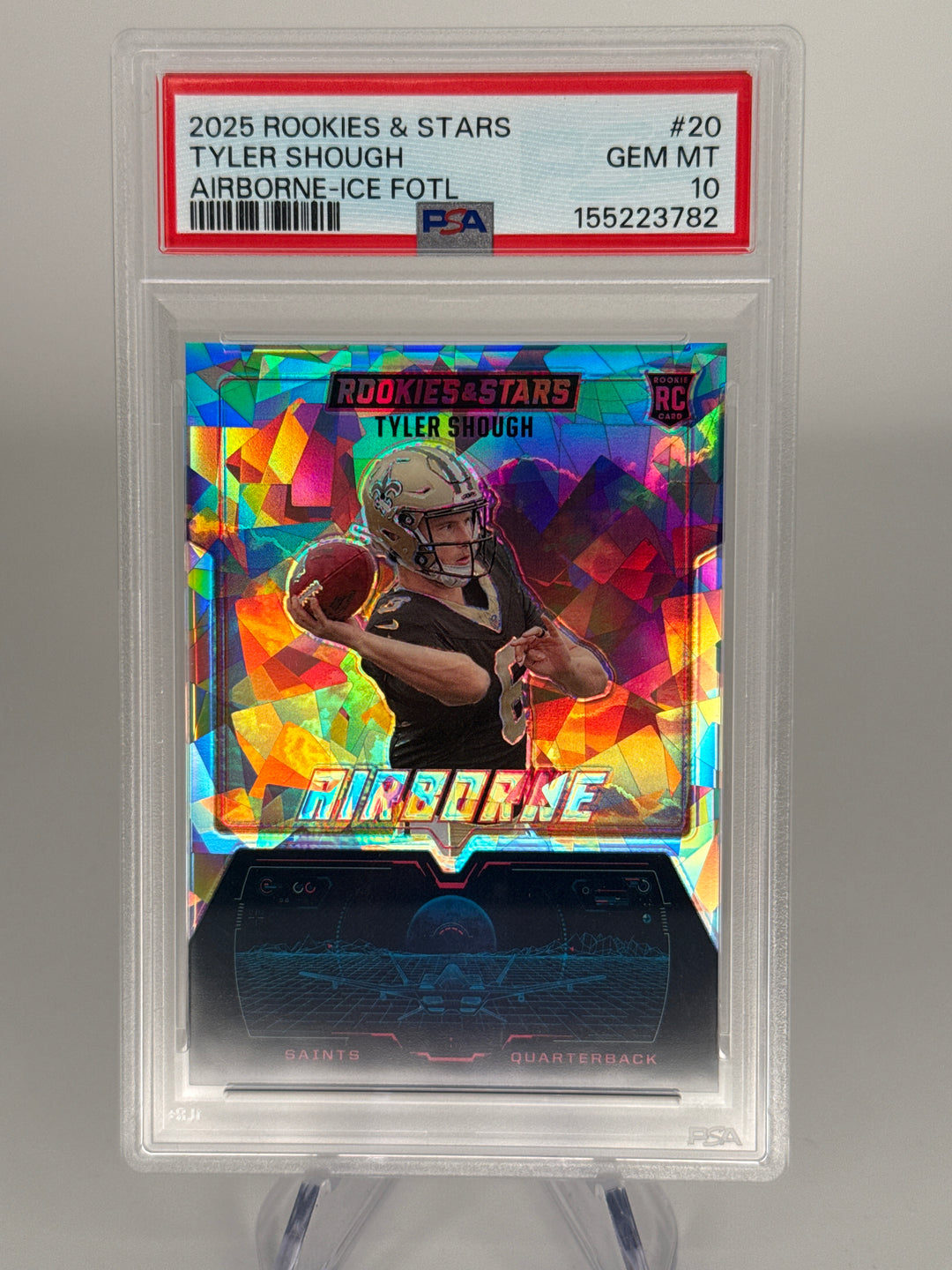 Tyler Shough 2024 Panini Rookies & Stars Airborne Ice FOTL Rookie, 02/22, PSA 10 Gem Mint