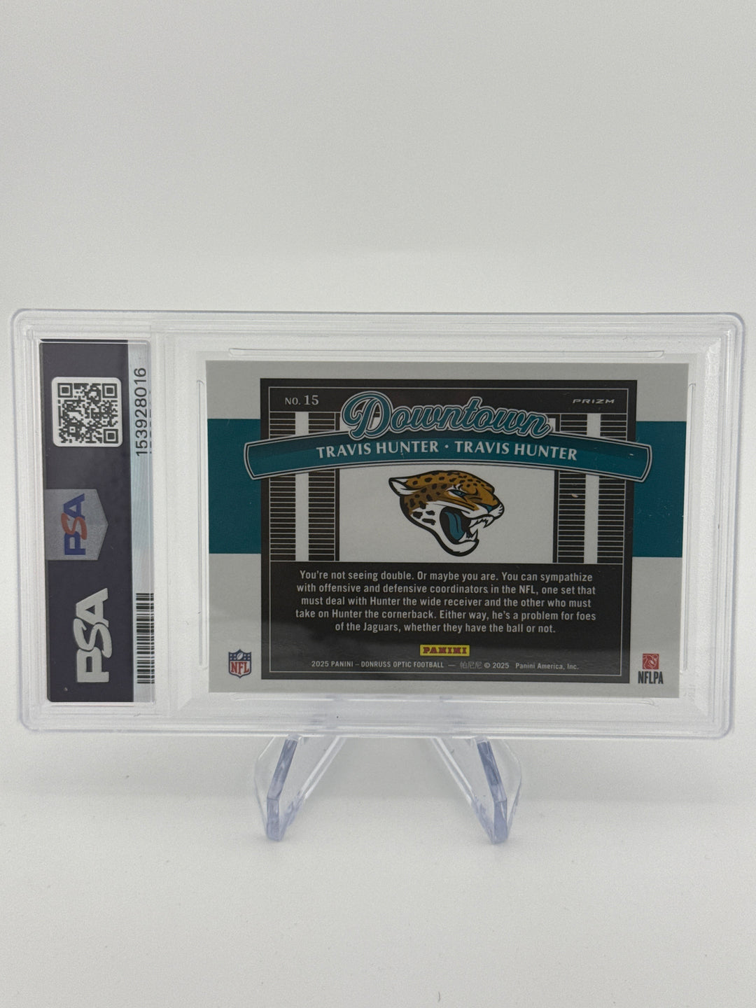 Travis Hunter/Travis Hunter 2025 Panini Donruss Optic SSP Dual Downtown Case Hit Rookie, PSA 9 Mint