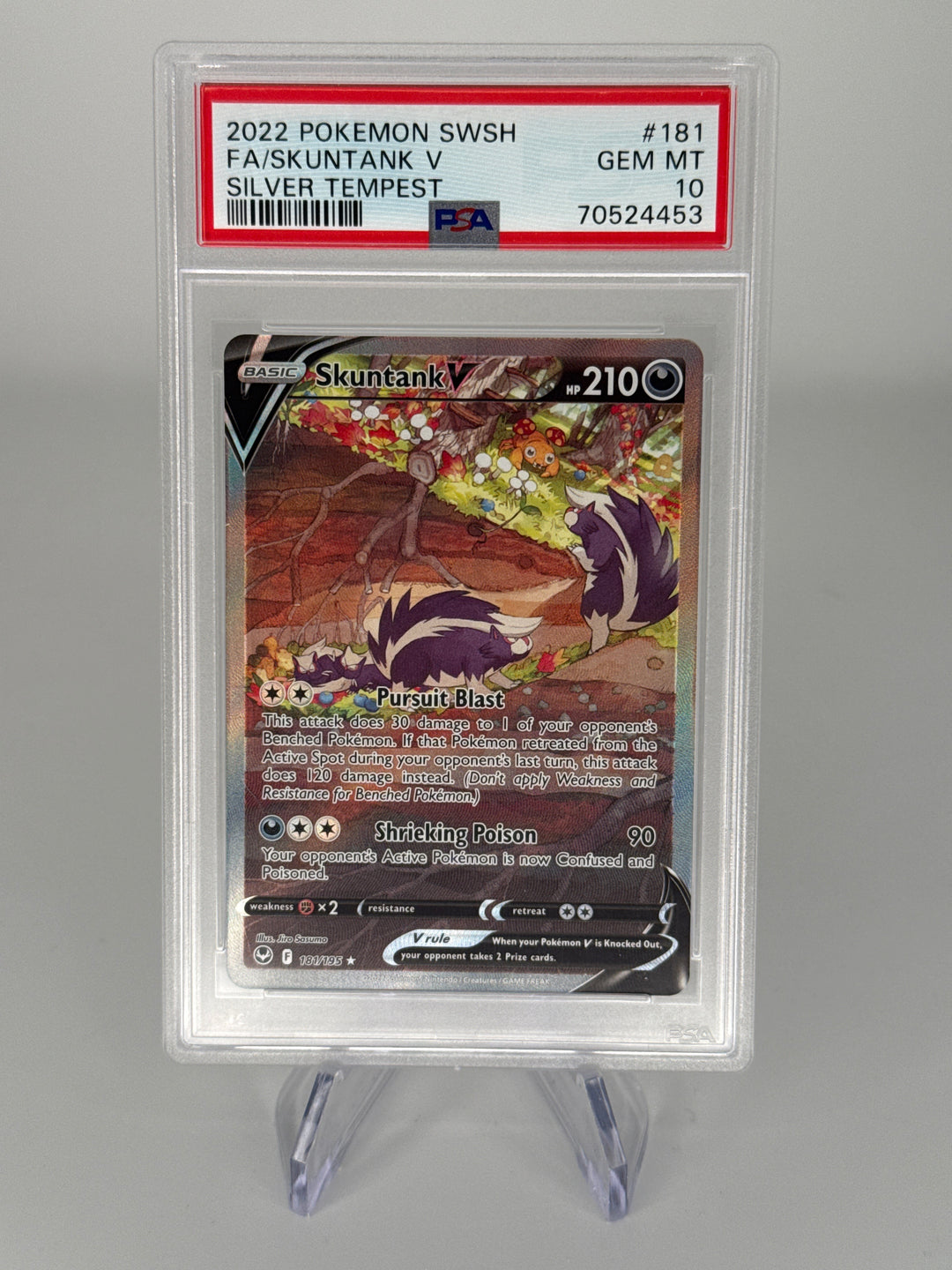 Pokemon TCG 2022 Skuntank V Silver Tempest Full Art, 181/195, PSA 10 Gem Mint