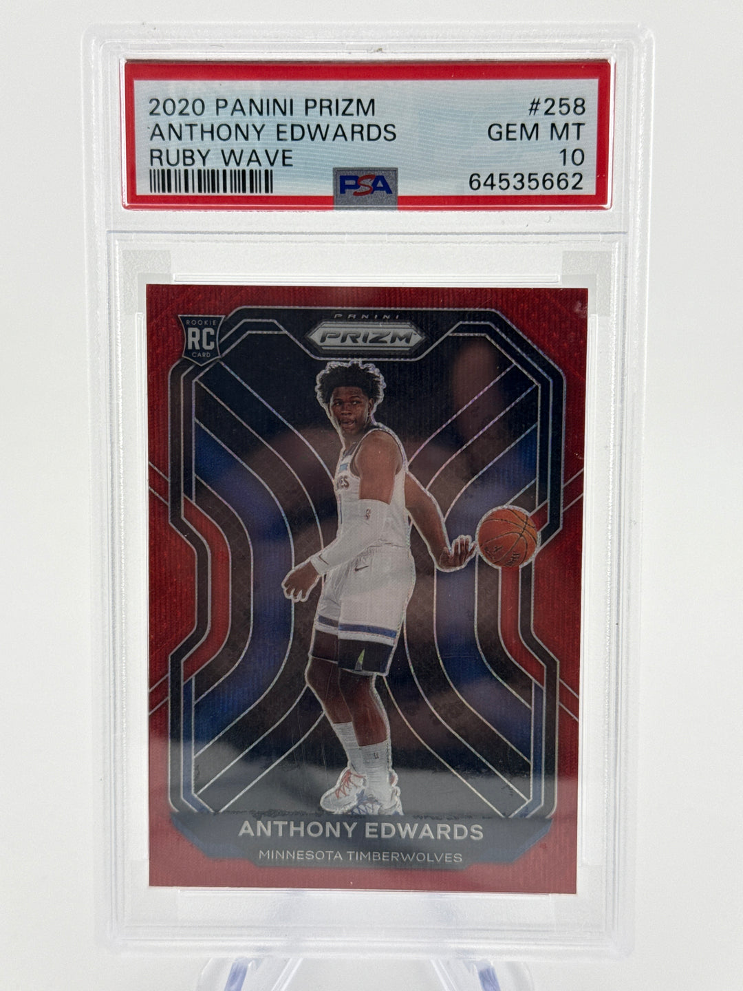 Anthony Edwards 2020-2021 Panini Prizm Ruby Wave Prizm Rookie, PSA 10 Gem Mint