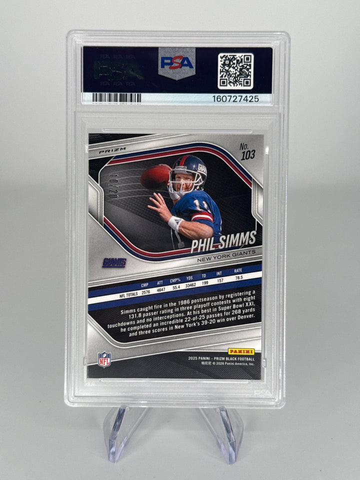 Phil Simms 2025 Panini Prizm Black Cherry Blossom Prizm, 10/20, PSA 9 Mint