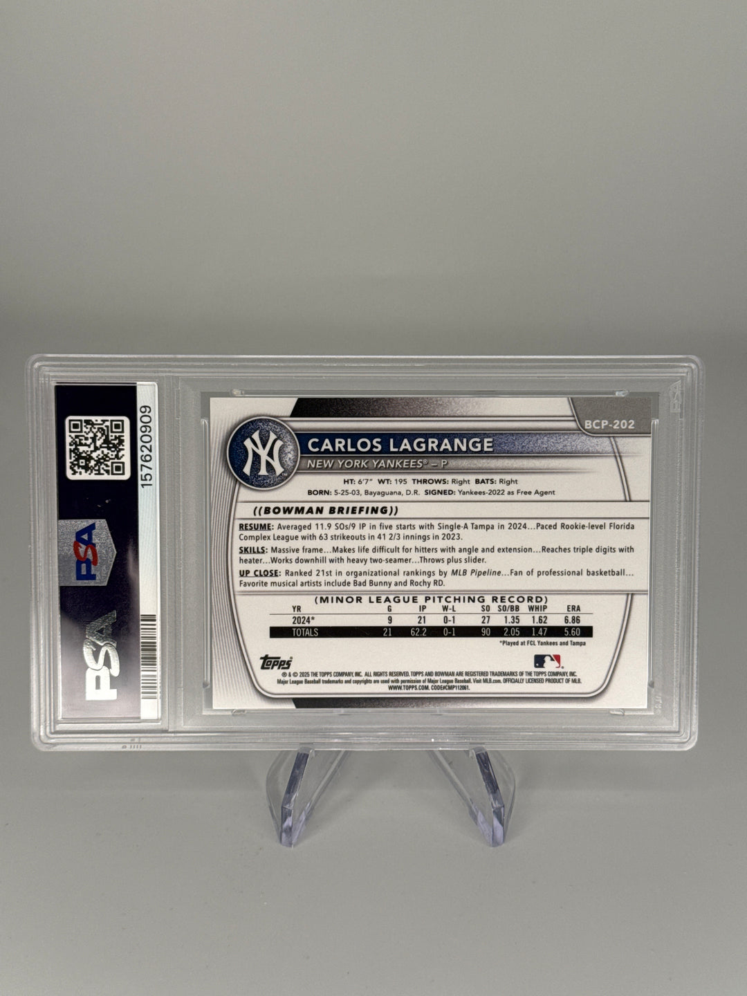 Carlos Lagrange 2025 Bowman Chrome Green Shimmer Refractor 1st, 65/99, PSA 10 Gem Mint