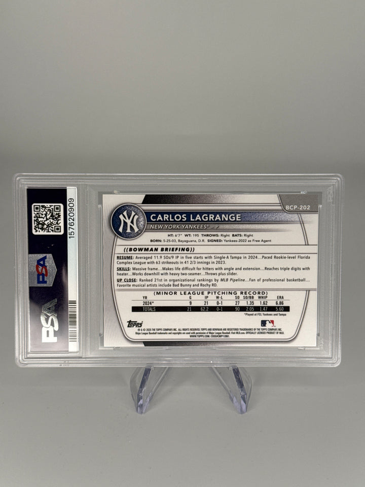 Carlos Lagrange 2025 Bowman Chrome Green Shimmer Refractor 1st, 65/99, PSA 10 Gem Mint