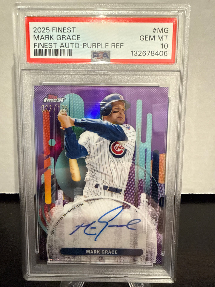Mark Grace 2025 Topps Finest Purple Refractor Auto, 023/125, PSA 10 Gem Mint