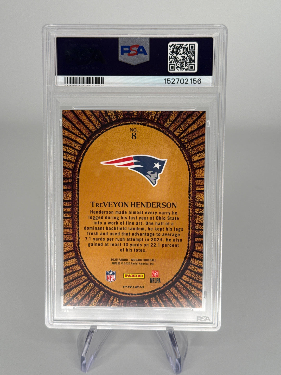 Treveyon Henderson 2025 Panini Mosaic Micro Mosaic SSP Case Hit Rookie, PSA 10 Gem Mint