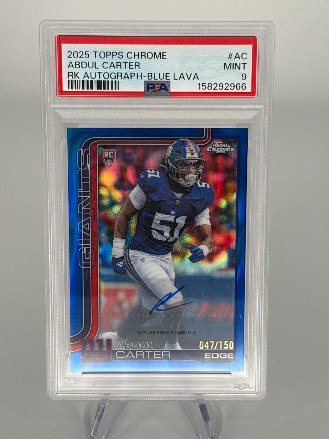 Abdul Carter 2025 Topps Chrome Blue Lave Refractor Rookie Auto, 047/150, PSA 9 Mint