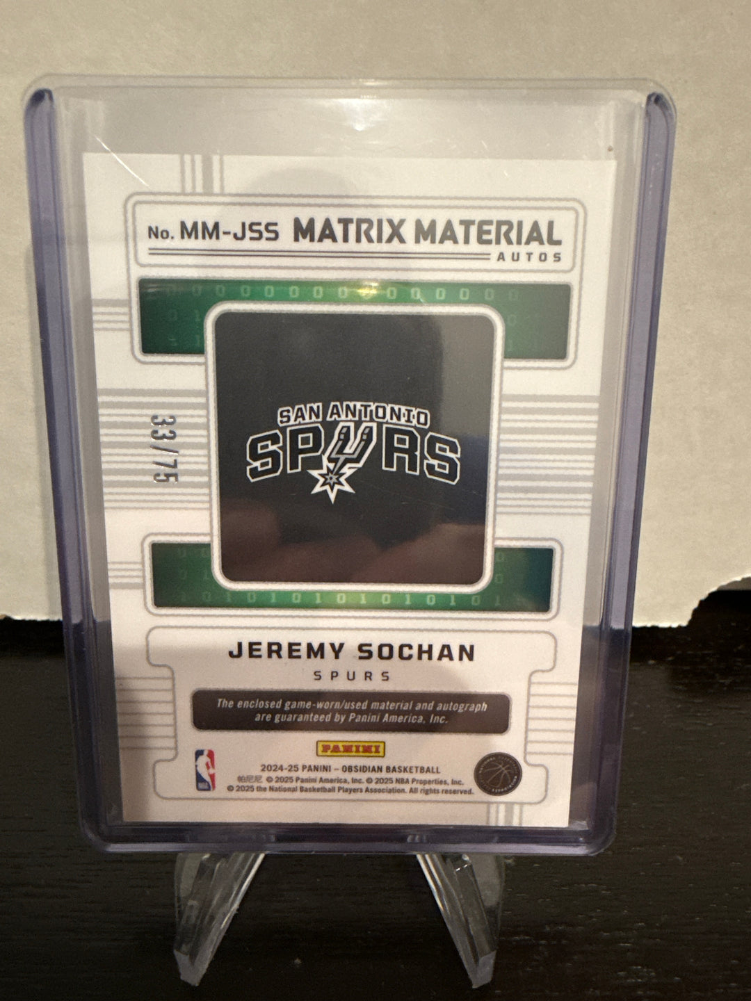 Jeremy Sochan 2024 Panini Obsidian Matrix Material Patch Auto Orange, 33/75