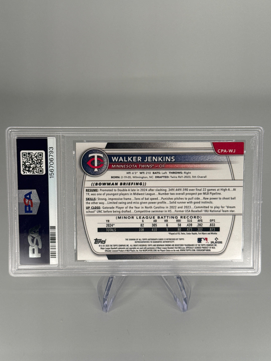 Walker Jenkins 2025 Bowman Chrome Speckle Refractor Auto, 031/299, PSA 9 Mint, PSA 10 Auto