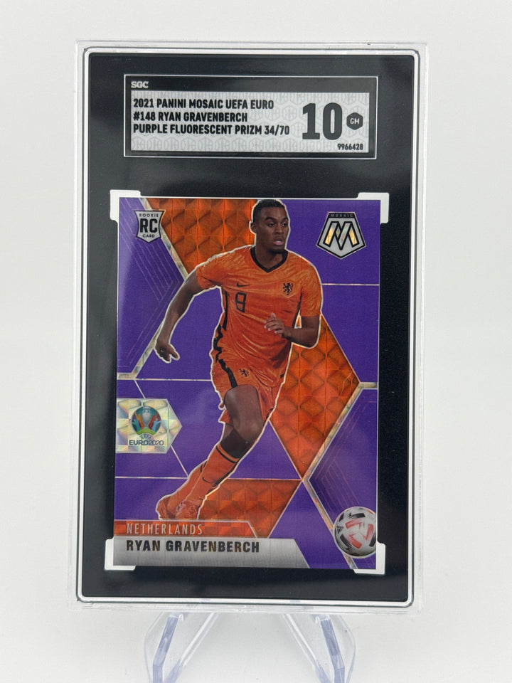 Ryan Gravenberch 2021 Panini Mosaic UEFA Euro Purple Fluorescent Prizm Rookie, 34/70, SGC 10 Gem Mint