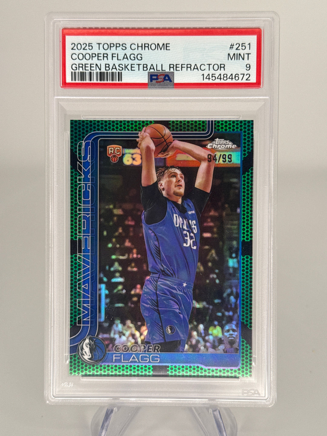 Cooper Flagg 2025 Topps Chrome Basketball Green Basketball Refractor Rookie, 94/99, PSA 9 Mint
