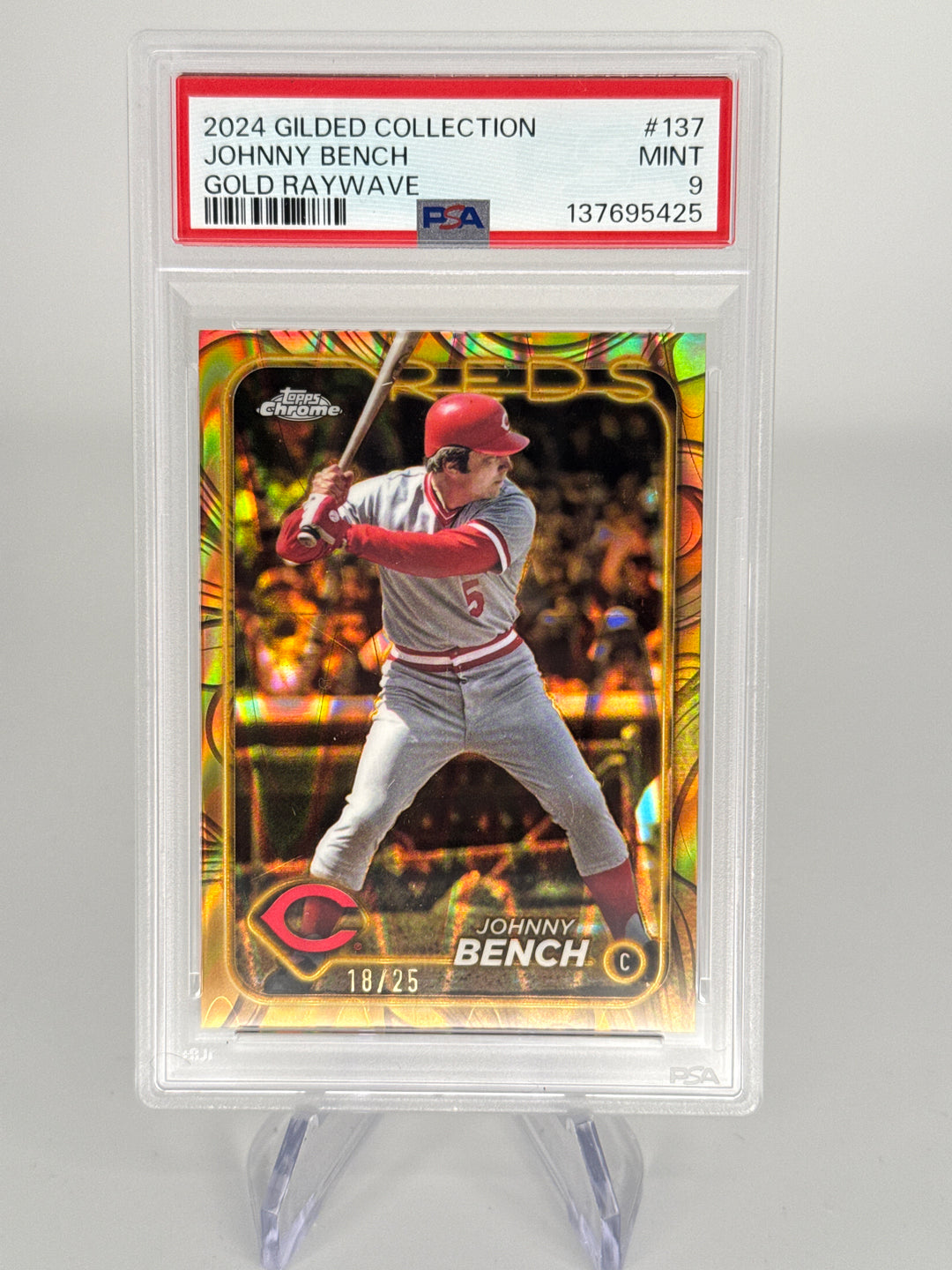 Johnny Bench 2024 Topps Gilded Collection Gold Raywave Refractor, 18/25, PSA 9 Mint