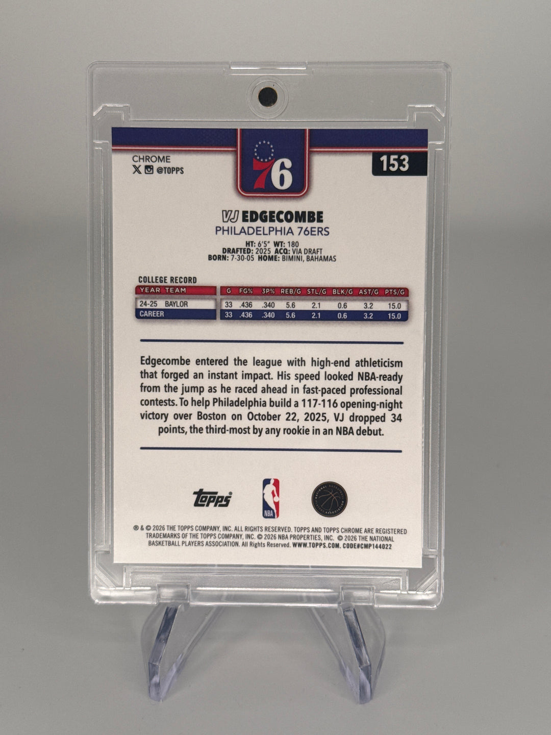 VJ Edgecombe 2026 Topps Chrome Sapphire Rookie