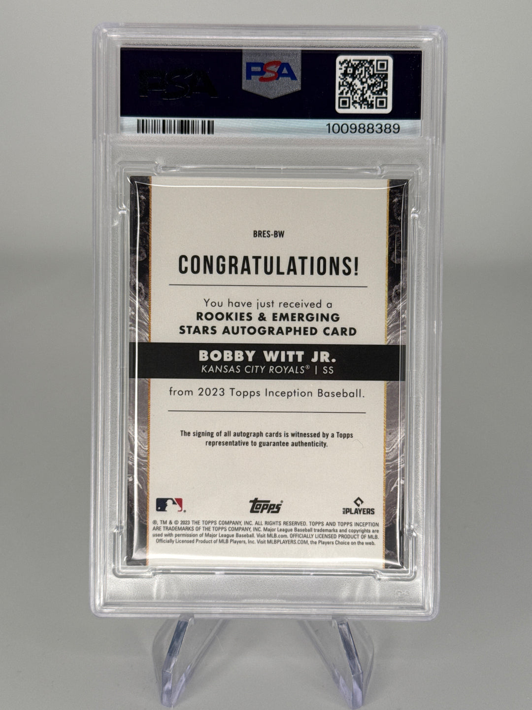 Bobby Witt Jr 2023 Topps Inception Emerging Stars Aqua Auto, 56/75, PSA 9 Mint, PSA 10 Auto